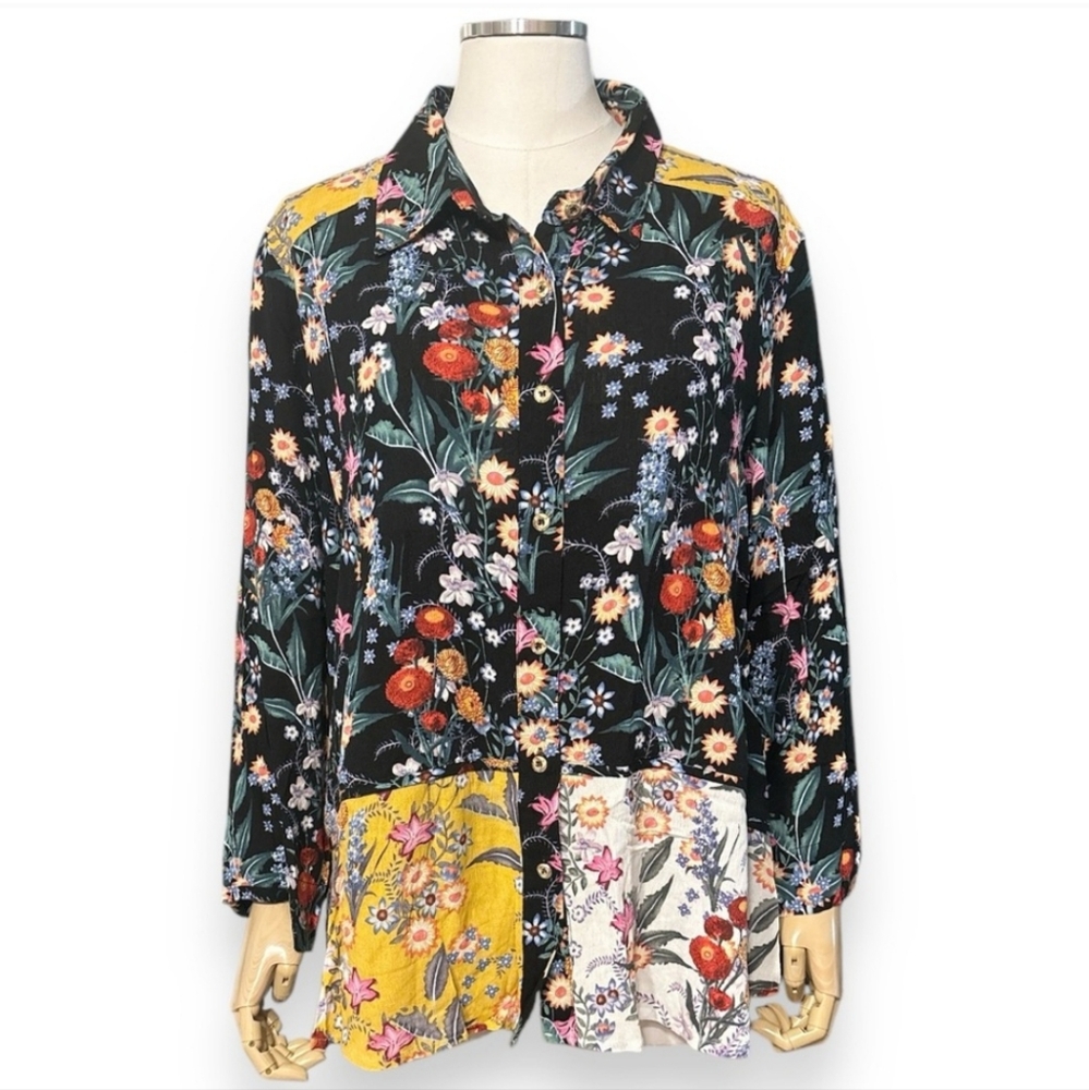 Calessa Multi-Floral Patchwork Button Front Shirt - image 8
